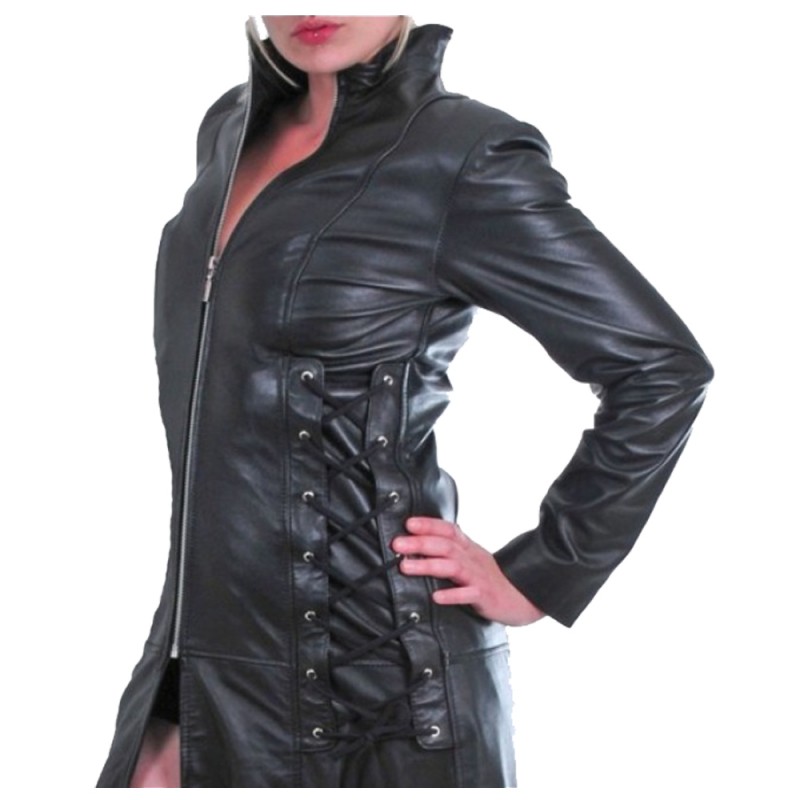 Women Gothic Steampunk Genuine Leather Coat Military Style Trench Goth Coat 